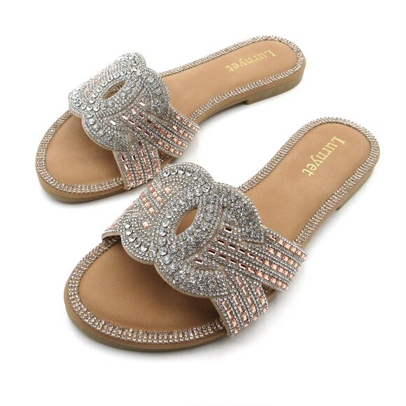 Lurnyet Women's Comfort Cushion Crystal Rhinestone Slide Flat Slip-On Sandals - Picture 3 of 6